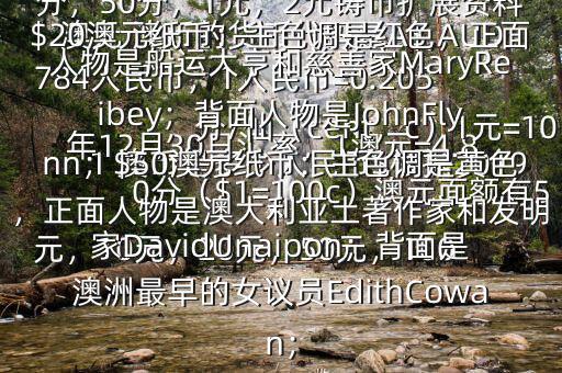 1 澳幣是多少人民幣$根據(jù)2019年12月30日匯率，1澳元=4.8784人民幣，1人民幣=0.205澳元 澳幣的貨幣代碼是A$,AUD，分/仙（cent，c）1元=100分（$1=100c）澳元面額有5元，10元，20元，50元，100元的塑料錢幣另有5分，10分，20分，50分，1元，2元鑄幣擴展資料$20澳元紙幣：主色調(diào)是紅色，正面人物是船運大亨和慈善家MaryReibey；背面人物是JohnFlynn；$50澳元紙幣：主色調(diào)是黃色，正面人物是澳大利亞土著作家和發(fā)明家DavidUnaipon；背面是澳洲最早的女議員EdithCowan；