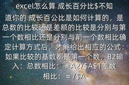 excel怎么算 成長(zhǎng)百分比$不知道你的 成長(zhǎng)百公比是如何計(jì)算的，是總數(shù)的比較還是差額的比較是分別與第一個(gè)數(shù)相比還是分別與前一個(gè)數(shù)相比確定計(jì)算方式后，才能給出相應(yīng)的公式：如果比較的基數(shù)都是第一個(gè)數(shù)，B2輸入：總數(shù)相比：＝A2/$A$1差數(shù)相比：＝/$A